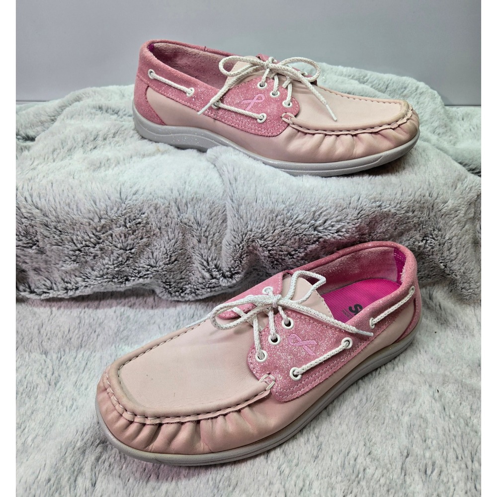 SAS Boat Shoes Pink Ribbon Slip On Glitter Pink Leather Loafers Womens Size 10M